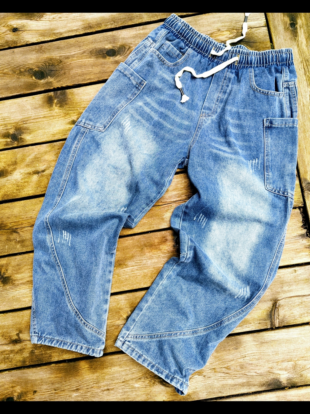 Denim Barrel Leg Jogger Jeans | Elastic Waist Drawstring | Utility Big Pockets L
